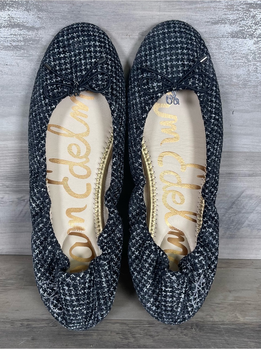 Sam Edelman Felicia Flats Womens 10.5 Tweed Black White Bow Ballet Flats Slip On - Picture 2 of 10